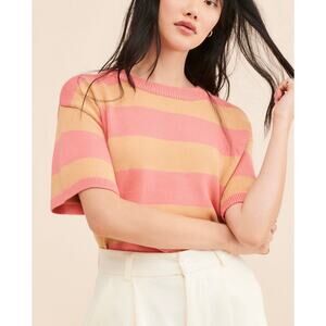 Anthropologie Flat White Striped Knit Tee Pink Orange Short Sleeve Top Small